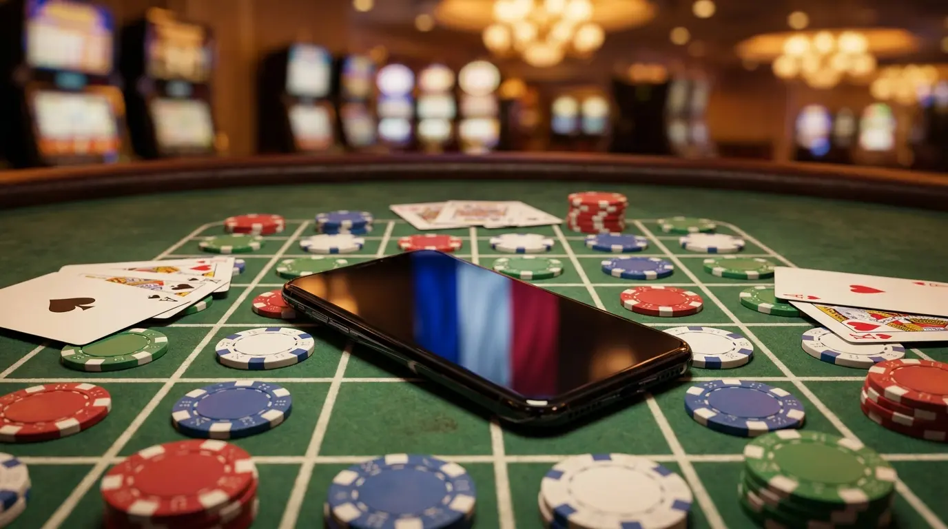 Smartphone entouré de jetons de poker et cartes sur table de casino
