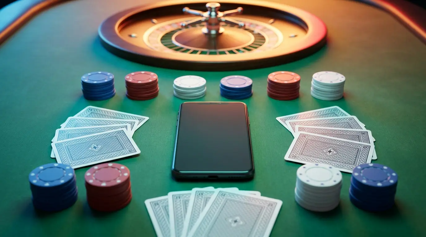 Smartphone sur table de casino avec jetons et roulette