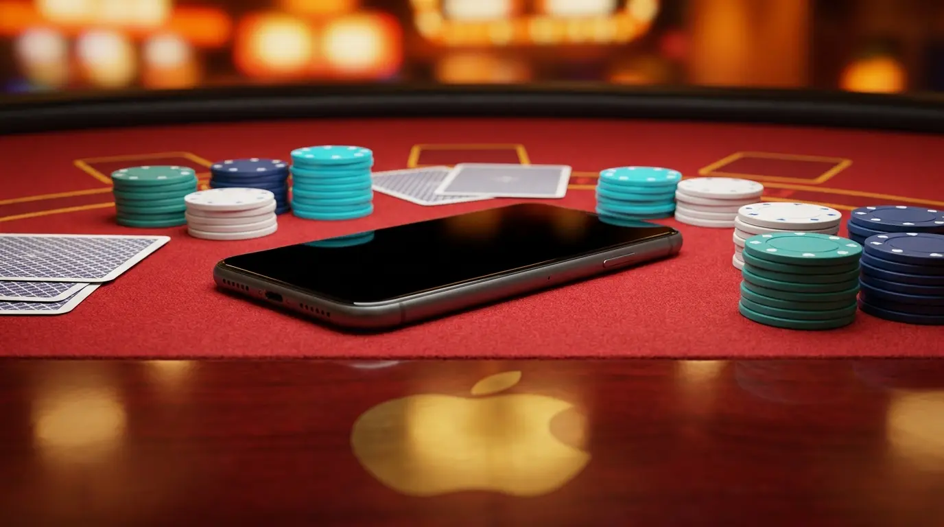 Smartphone sur tapis de casino avec jetons et cartes à jouer