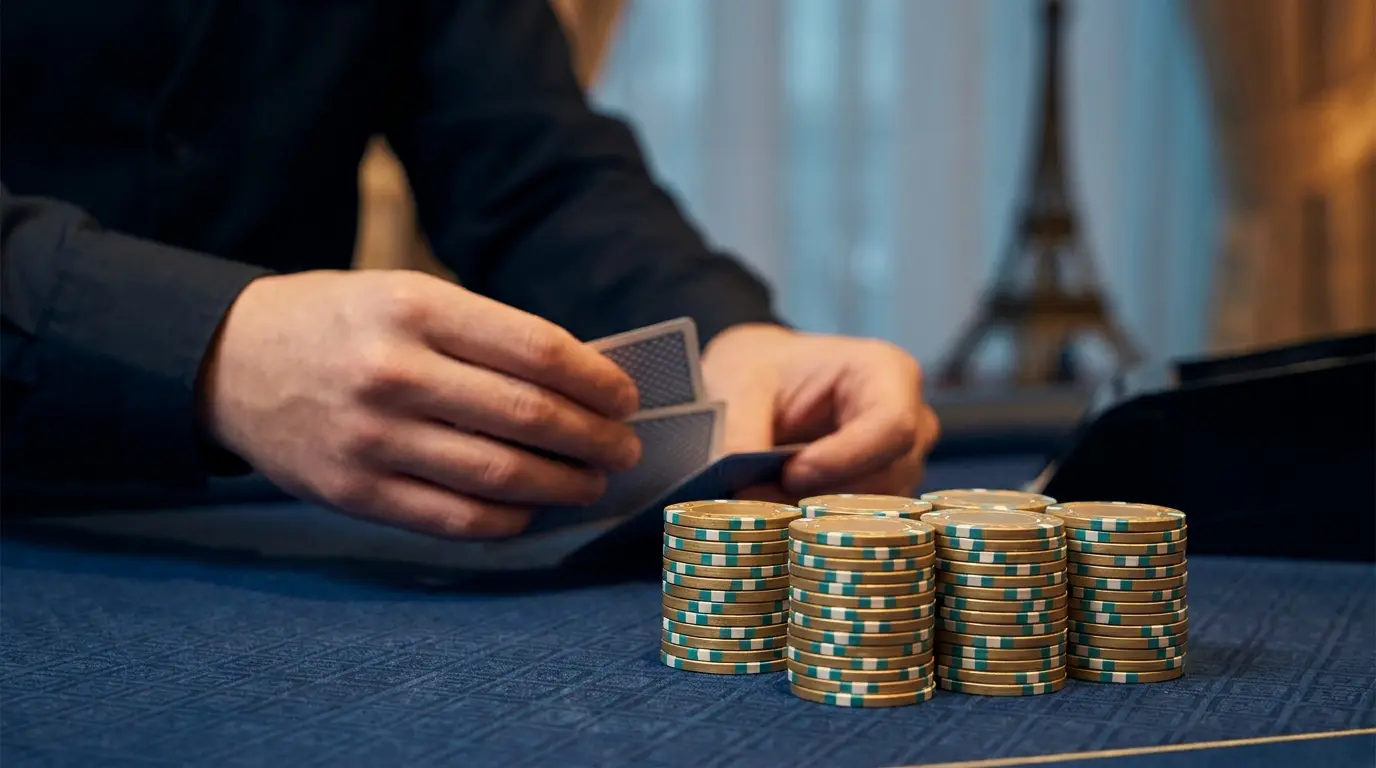Mains de croupier distribuant des cartes de baccarat français