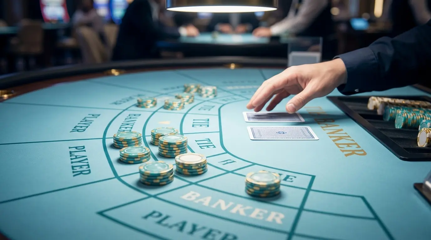 Table de baccarat avec cartes et jetons de casino dorés
