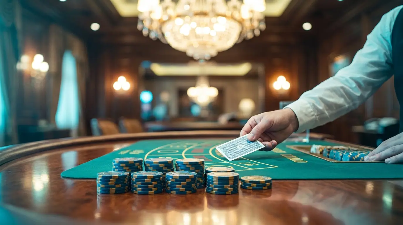 Table de baccarat avec cartes et jetons dans un casino élégant
