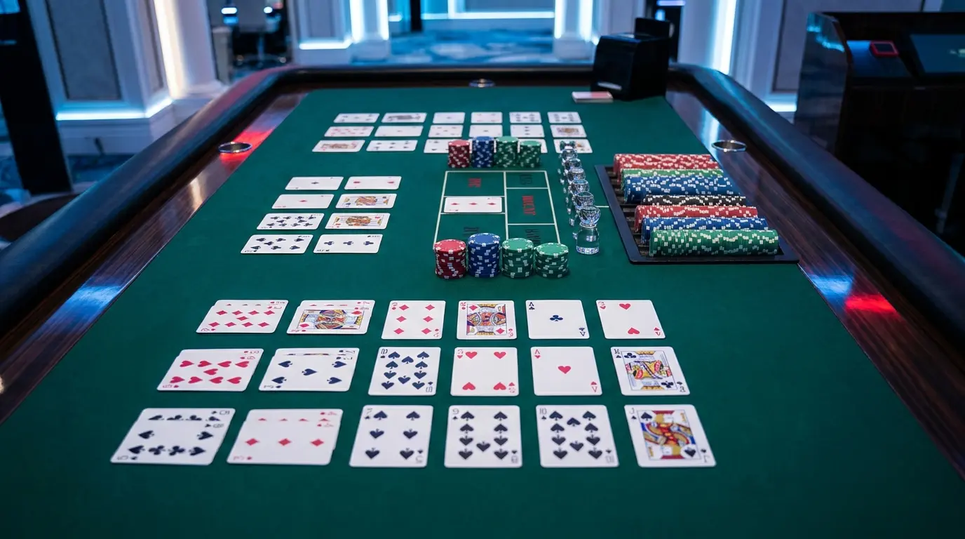 Table de baccarat avec cartes et jetons dans un casino élégant