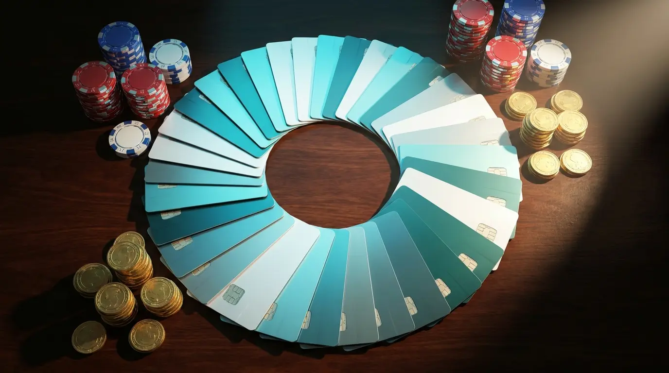 Cartes bancaires entourées de jetons et pièces de casino