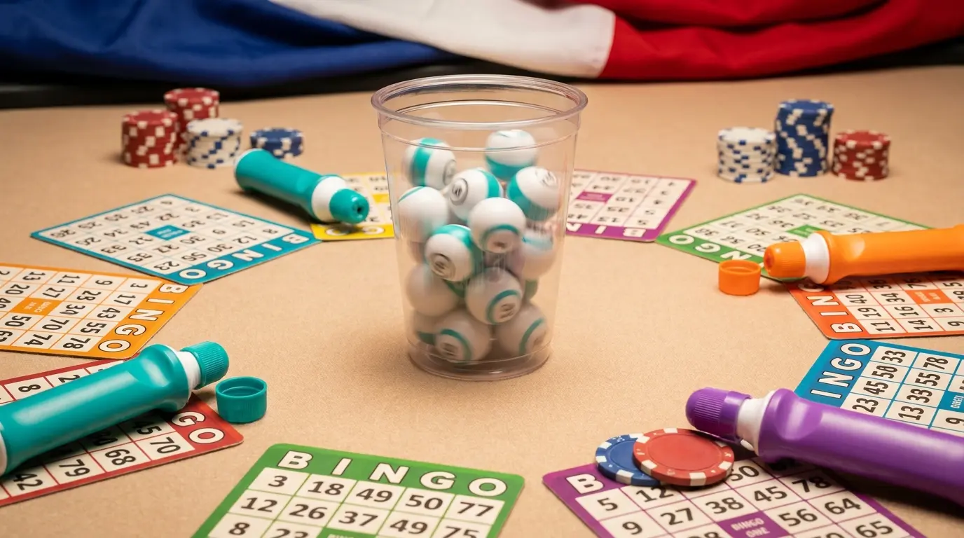 Boules de bingo colorées et jetons sur table de jeu