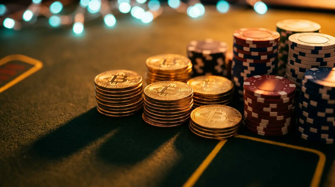 Pièces Bitcoin dorées empilées sur tapis de casino avec jetons