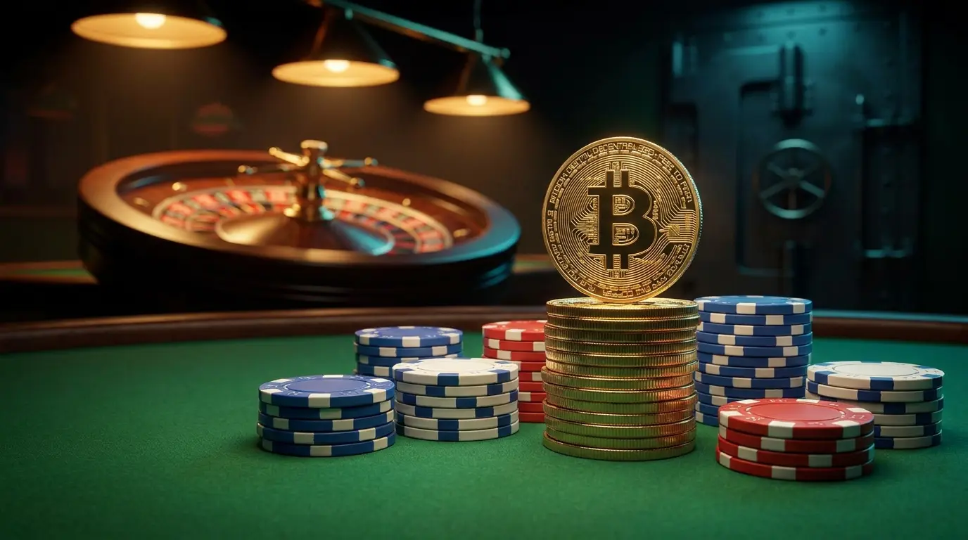Bitcoins dorés et jetons de casino aux couleurs françaises