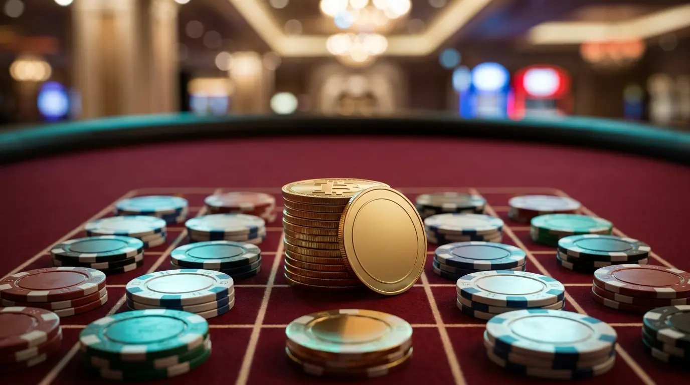 Bitcoins dorés sur table de casino avec éclairage tricolore français
