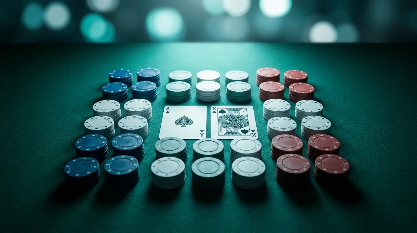 Cartes de blackjack et jetons de casino sur table verte