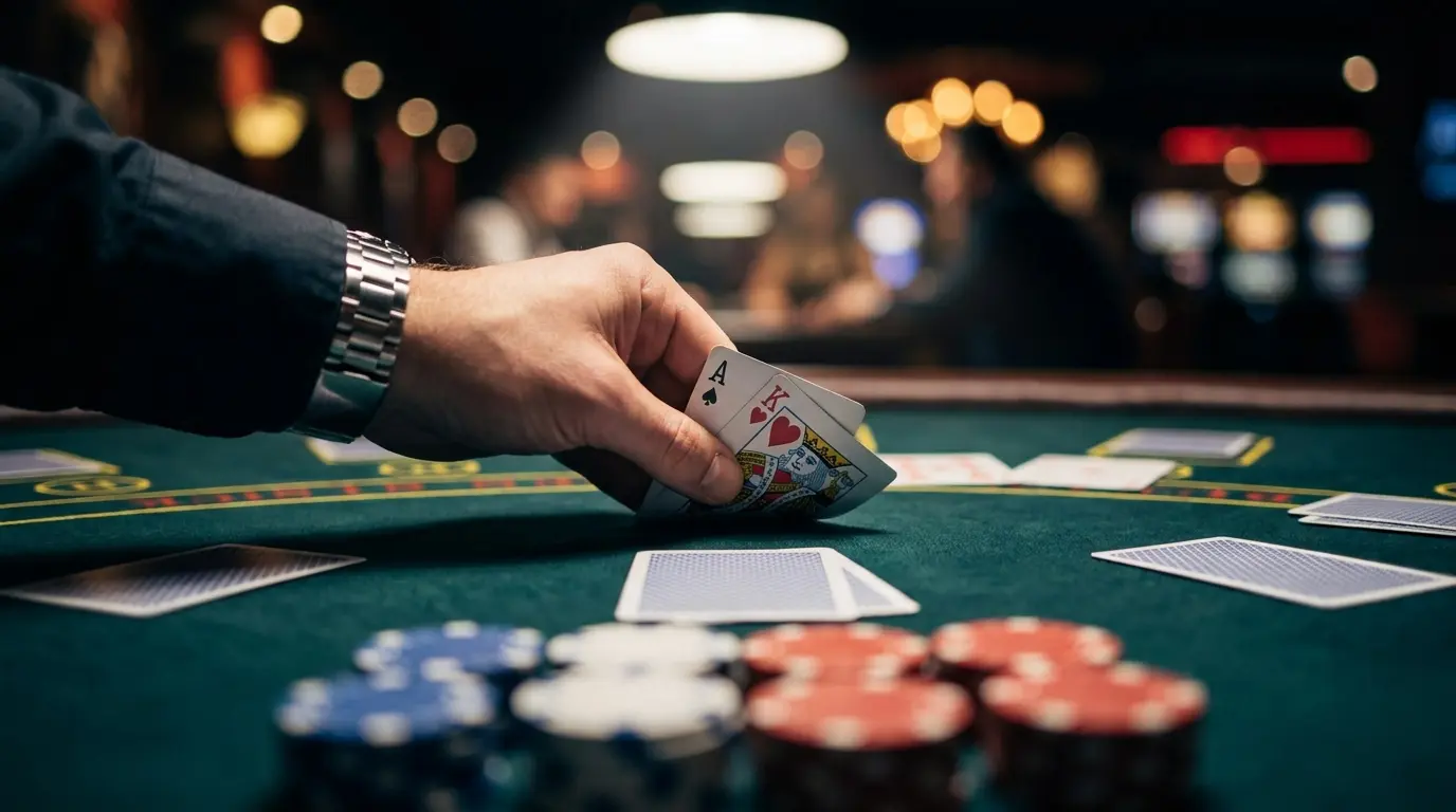 Cartes de blackjack et jetons sur table de casino verte