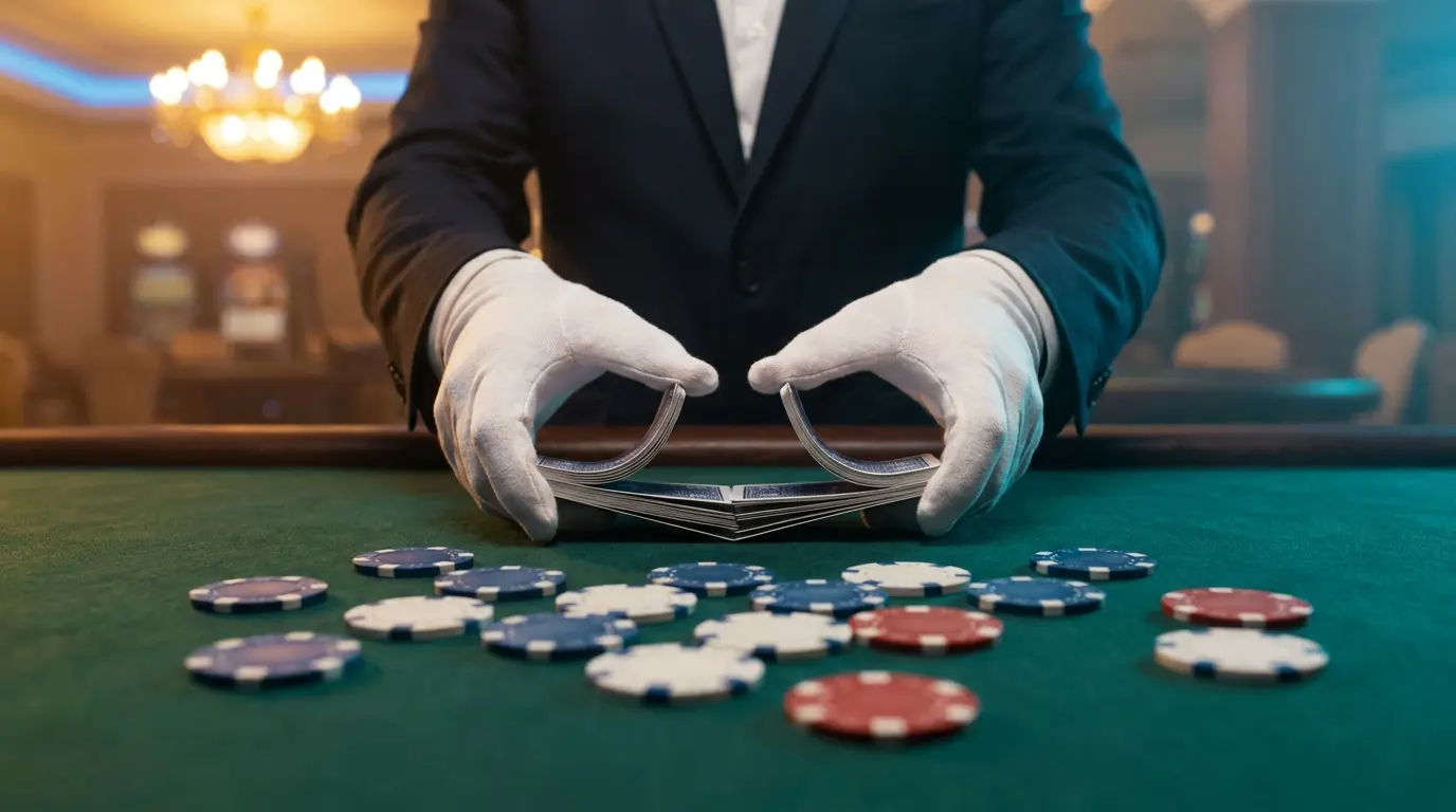 Mains de croupier distribuant des cartes de blackjack