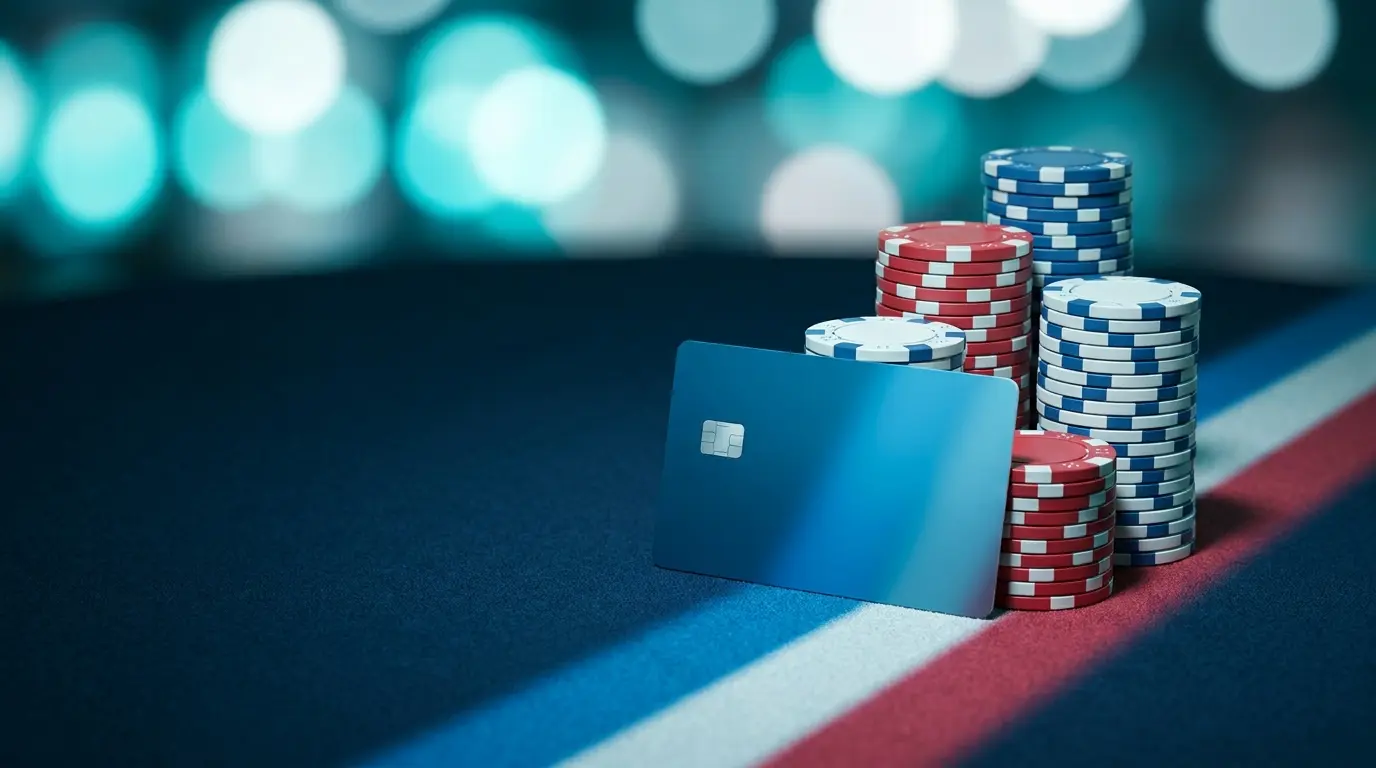 Carte bancaire bleue avec jetons de casino aux couleurs françaises