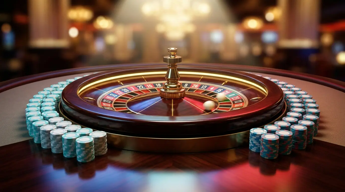 Roulette en rotation avec jetons de casino empilés