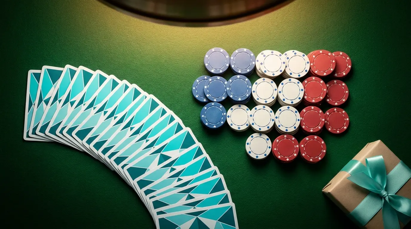 Cartes à jouer et jetons disposés sur table de casino verte