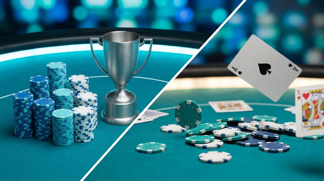 Table de poker montrant tournoi versus cash game