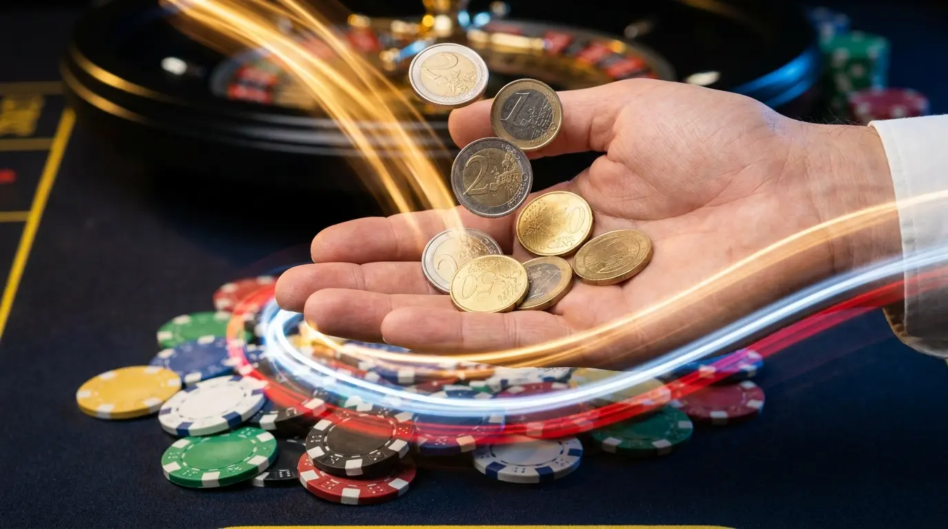 Pièces d'euro retournant dans une main au-dessus de jetons de casino