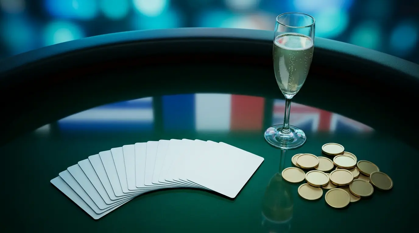 Cartes à jouer et pièces dorées dans ambiance casino
