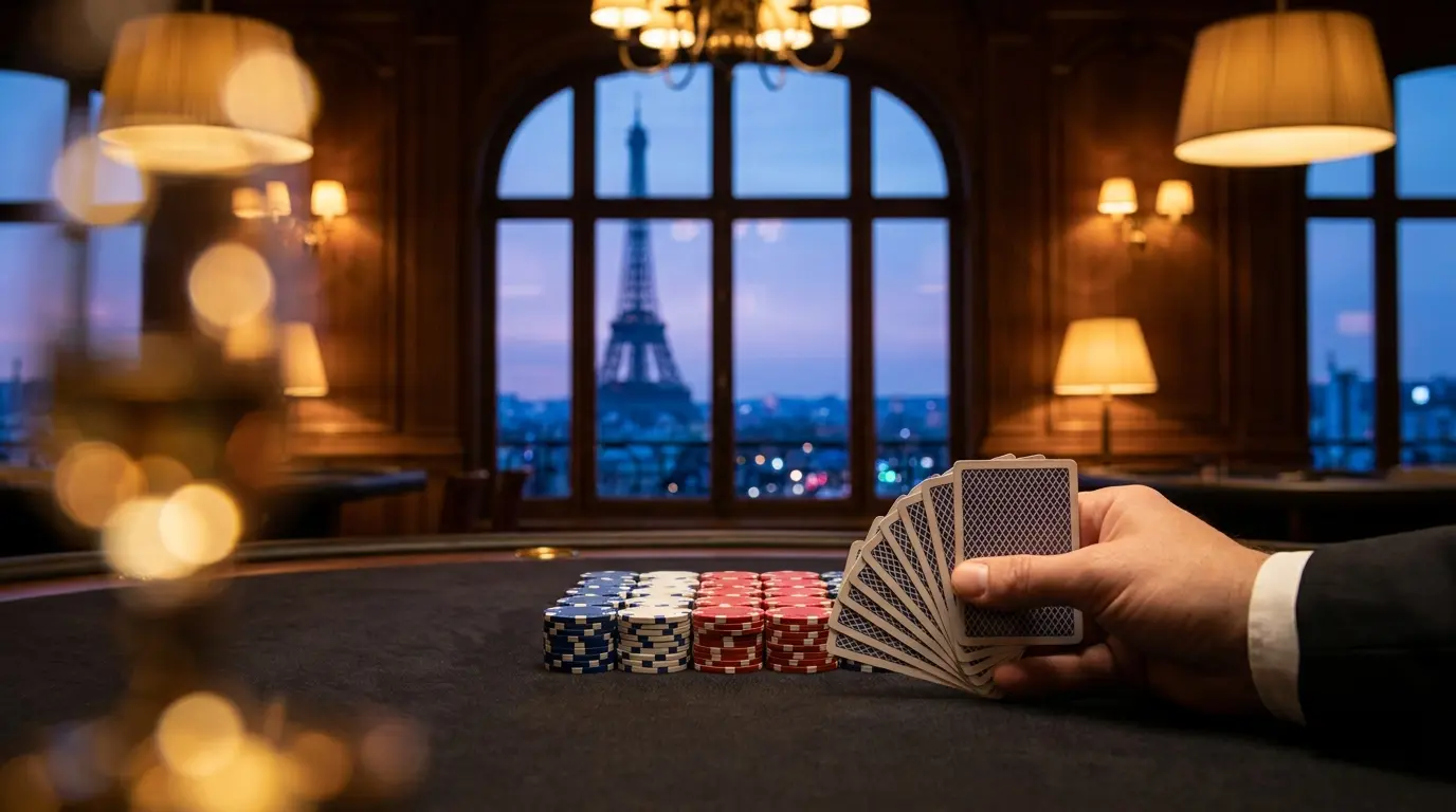 Cartes et jetons de casino avec silhouette de la Tour Eiffel