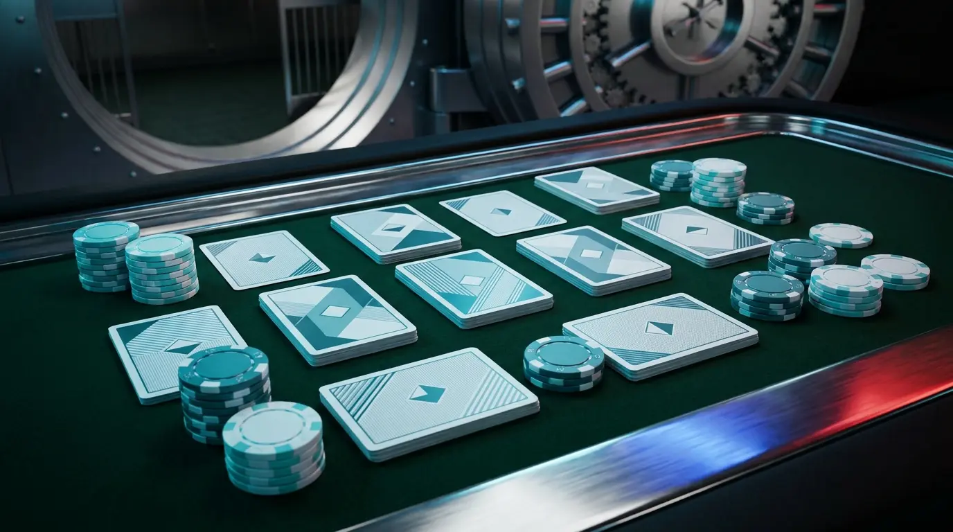 Jetons de casino et cartes sur table avec ambiance bancaire