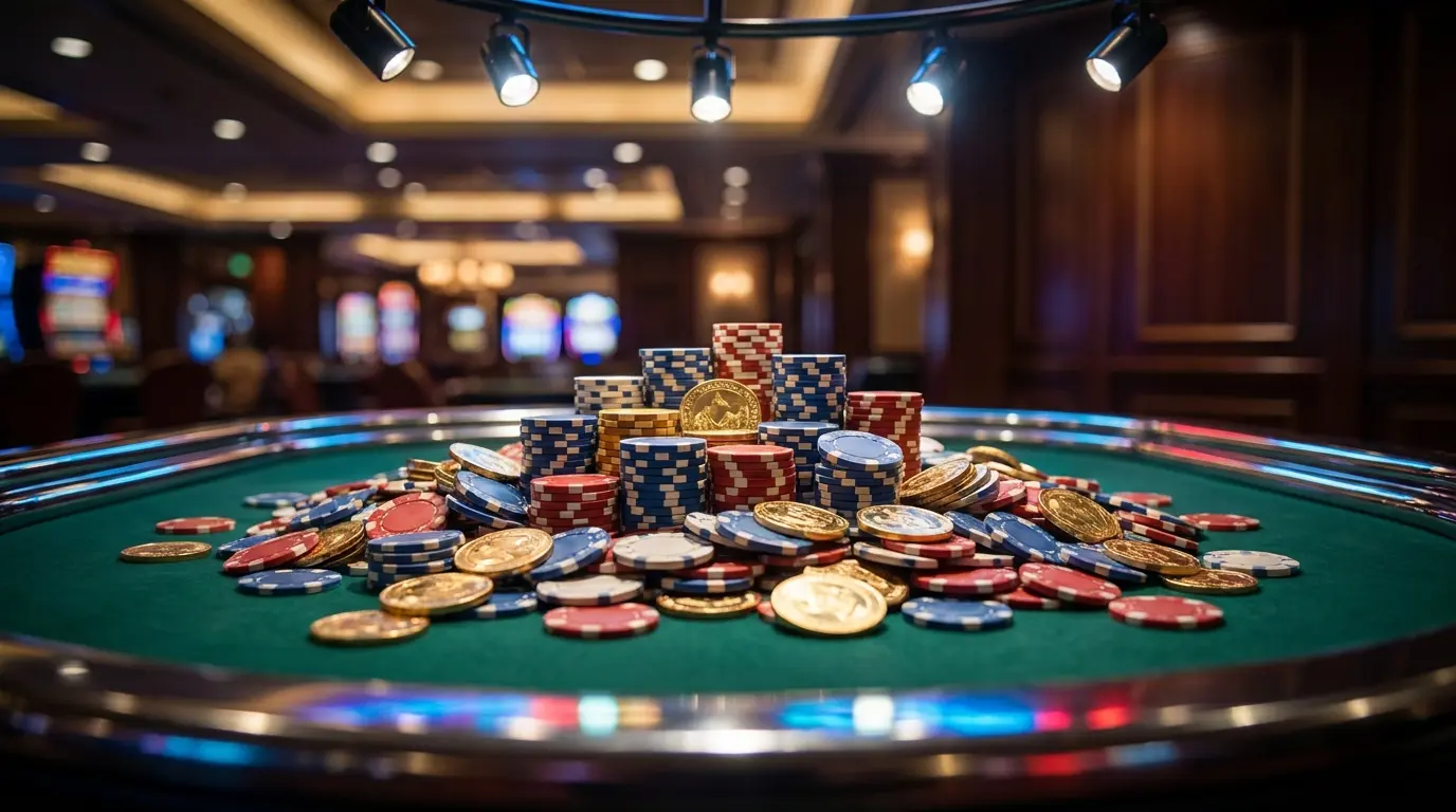 Jetons de casino et pièces d'or sur table de jeu verte
