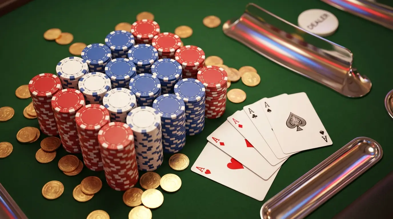 Jetons de casino et cartes sur table de jeu avec éclairage doré