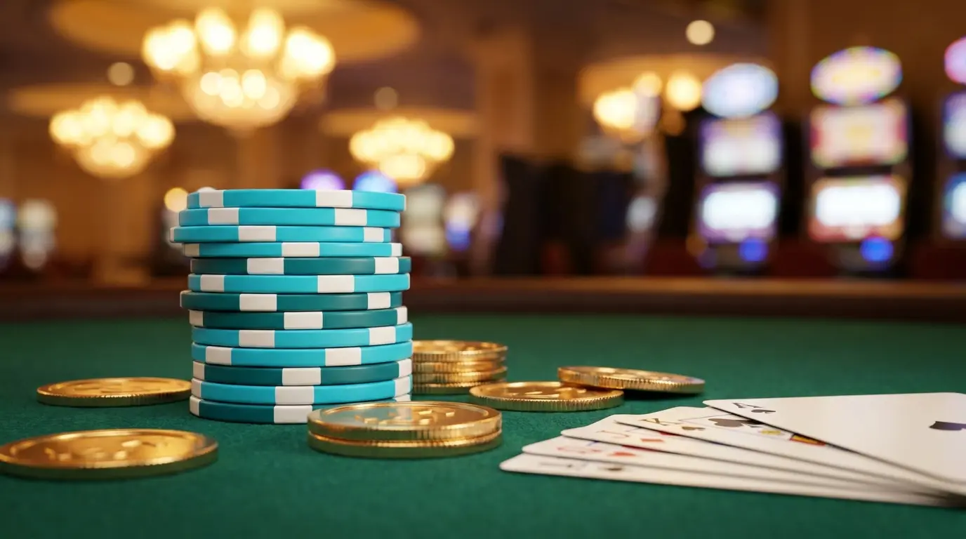 Jetons de casino avec pièces et cartes sur feutre vert