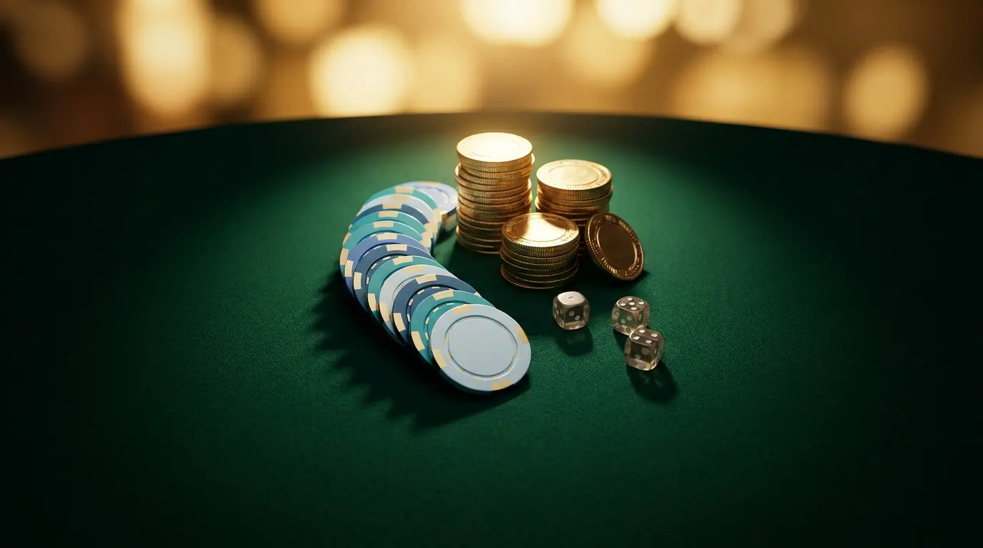 Jetons de casino et pièces d'or sur table de feutre vert