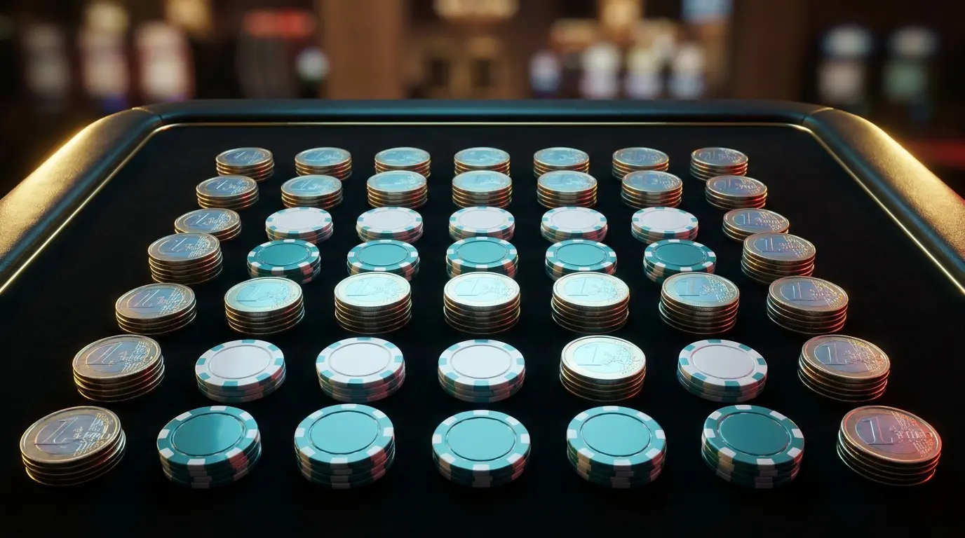 Jetons de casino et pièces en euros sur table de jeu élégante