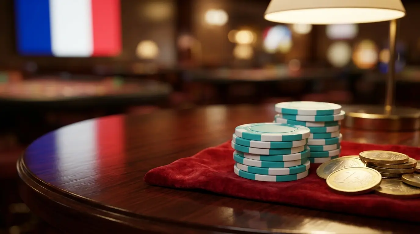 Jetons de casino et pièces d'euro sur table de velours rouge