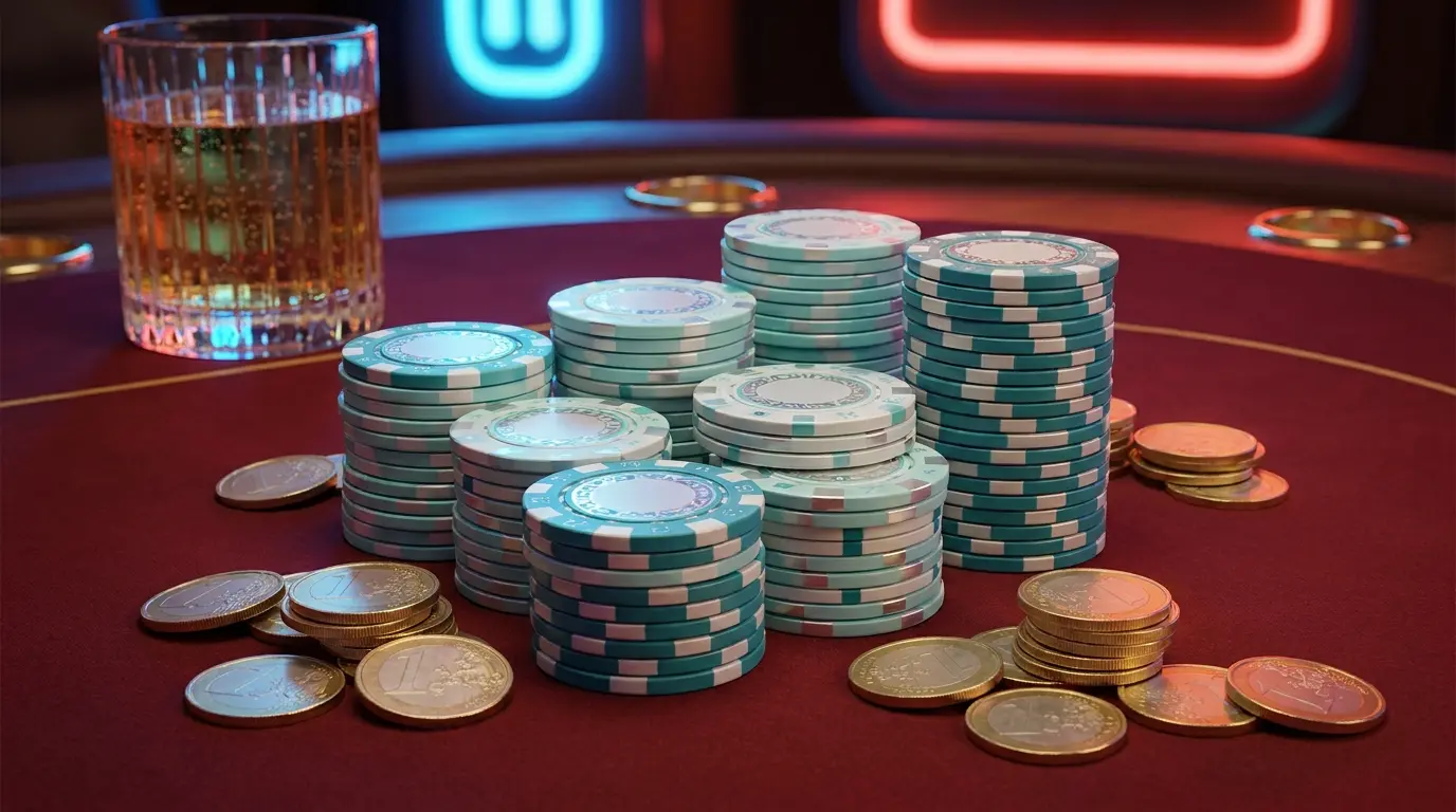 Jetons de casino et pièces d'euro sur table de jeu élégante