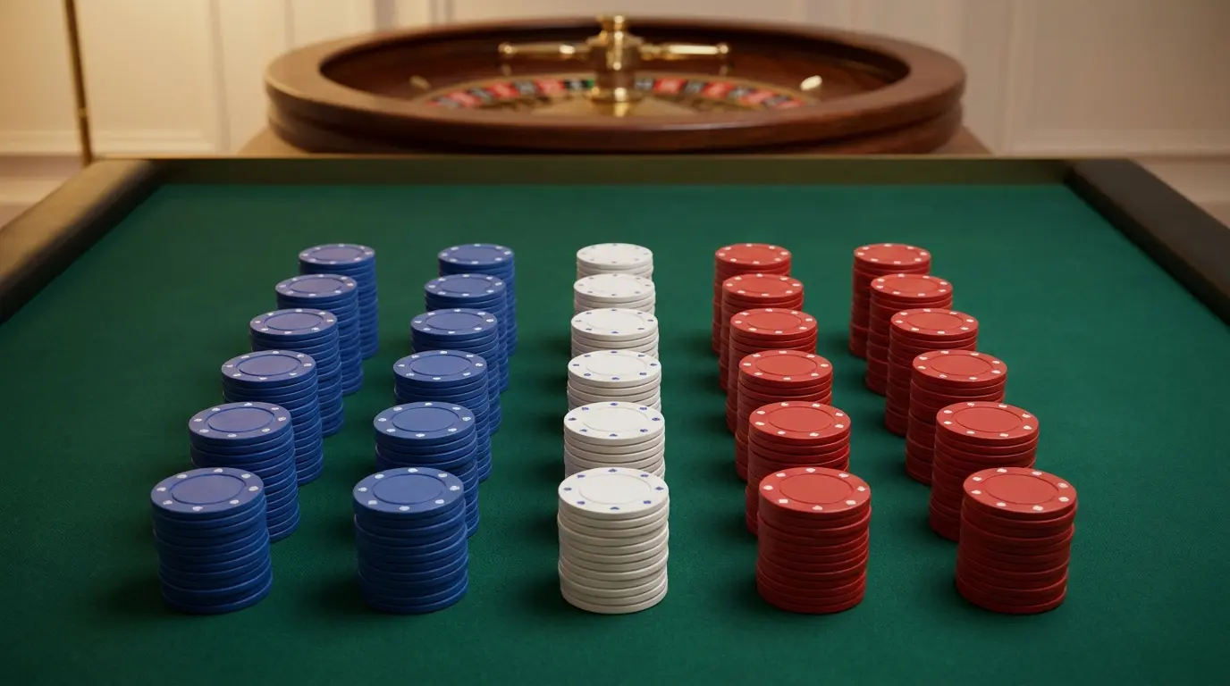 Jetons de casino empilés sur table de roulette verte
