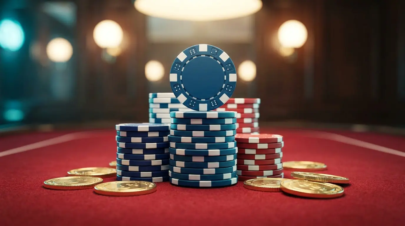 Jetons de casino avec pièce de 50€ sur table de jeu rouge