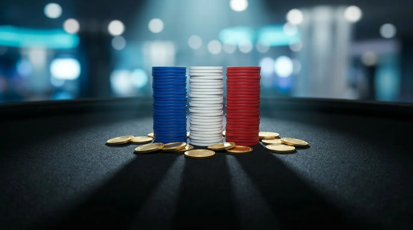 Jetons de casino empilés avec pièces dorées sur table