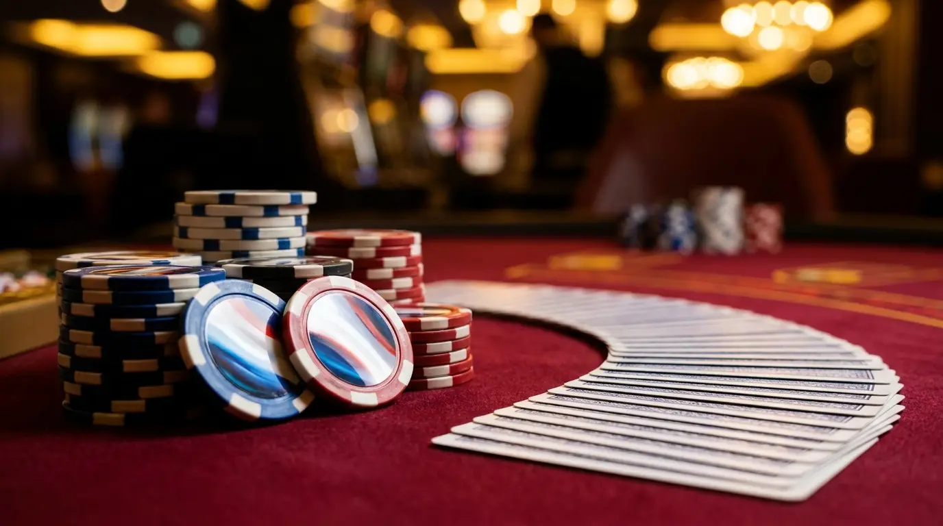 Jetons de casino et cartes sur table de poker aux couleurs françaises