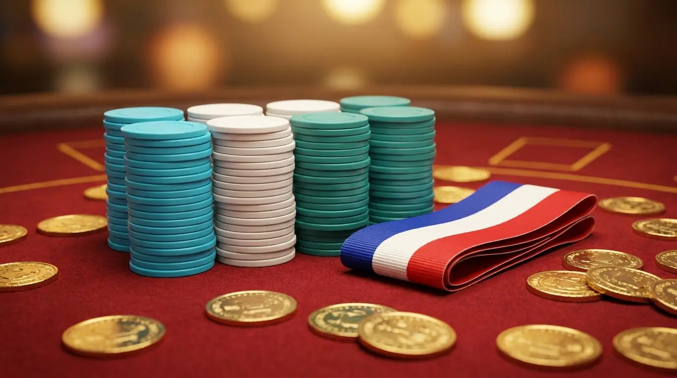 Jetons de casino avec ruban tricolore français sur table
