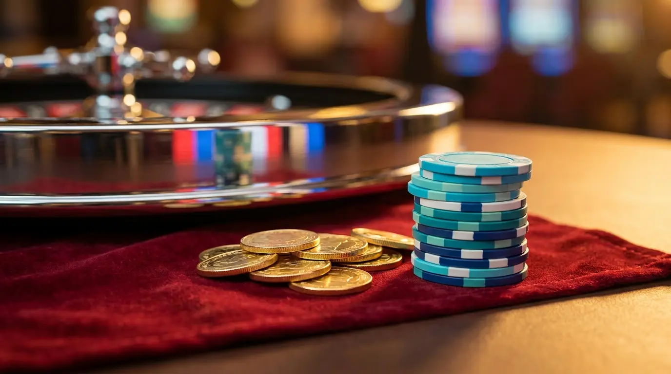 Jetons de casino et pièces d'or sur velours rouge luxueux