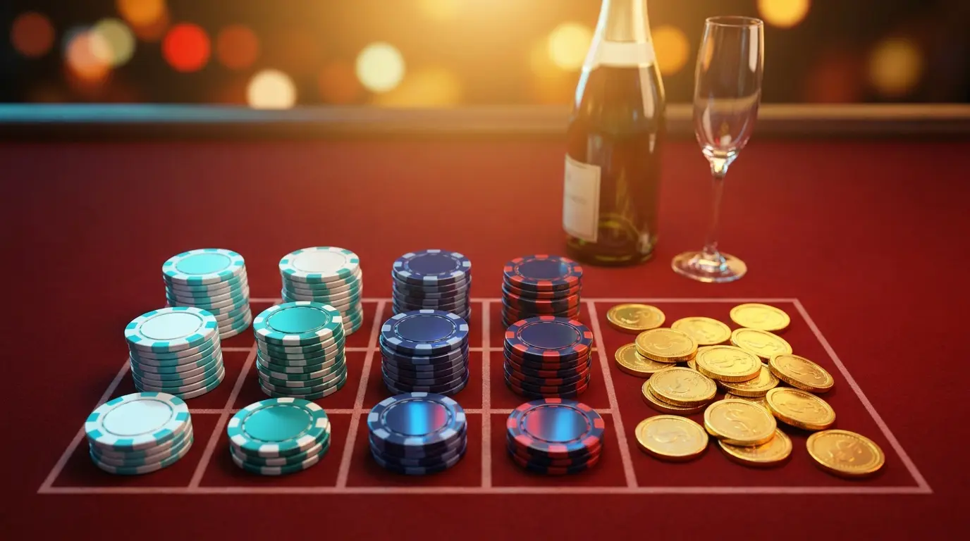 Jetons de casino et pièces d'or sur table de jeu luxueuse