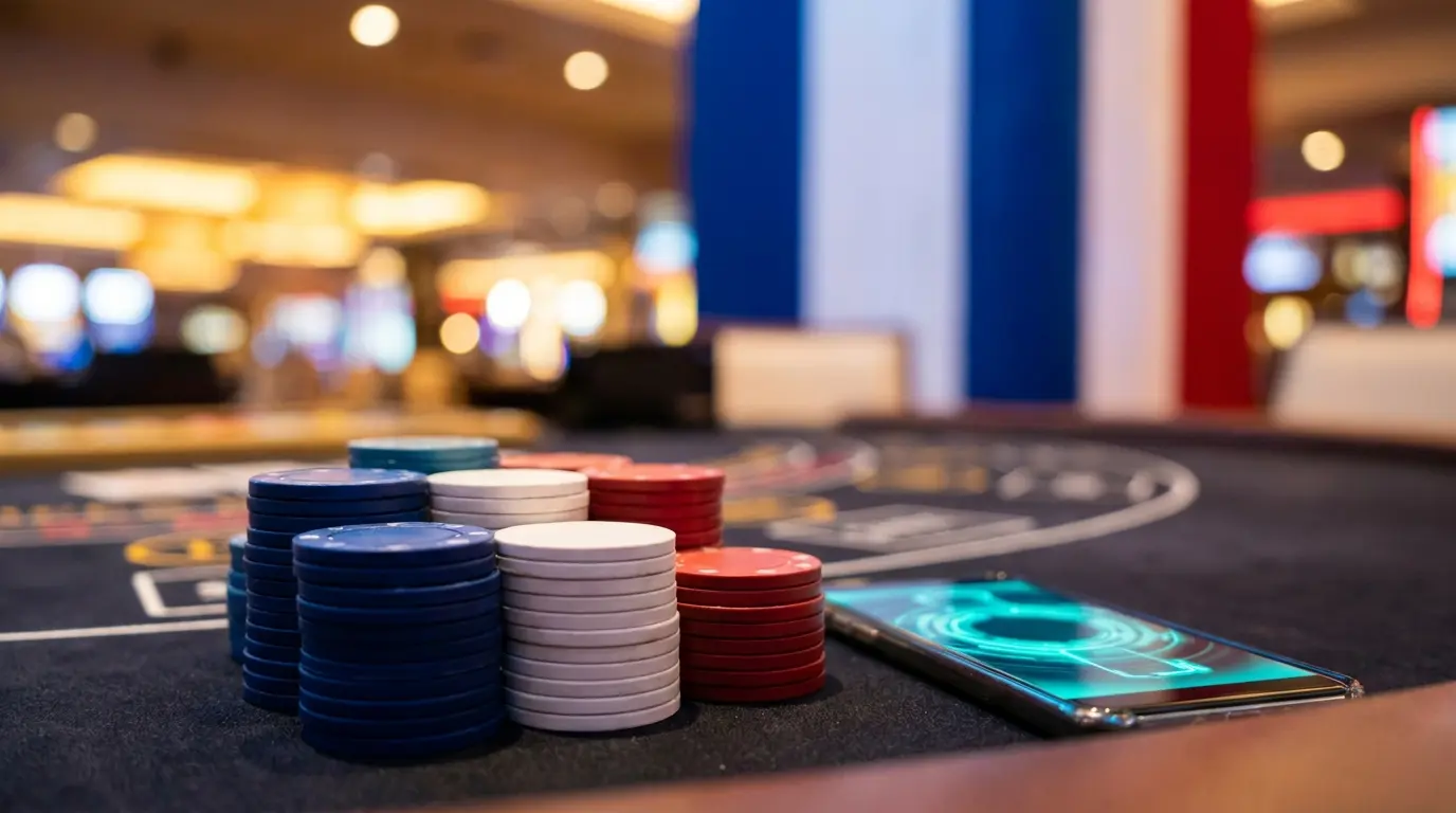 Jetons de casino avec couleurs françaises et smartphone