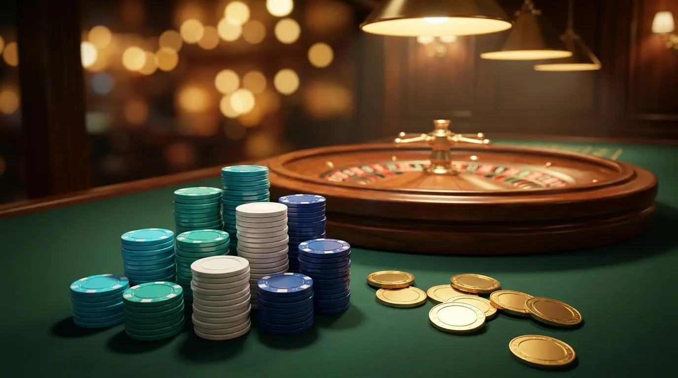 Jetons de casino empilés sur feutre vert avec pièces d'or