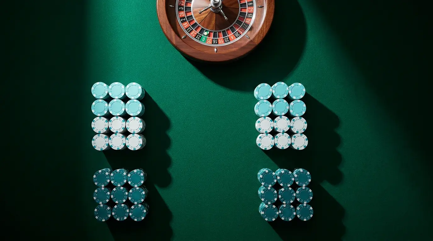 Jetons de casino empilés sur table de roulette verte