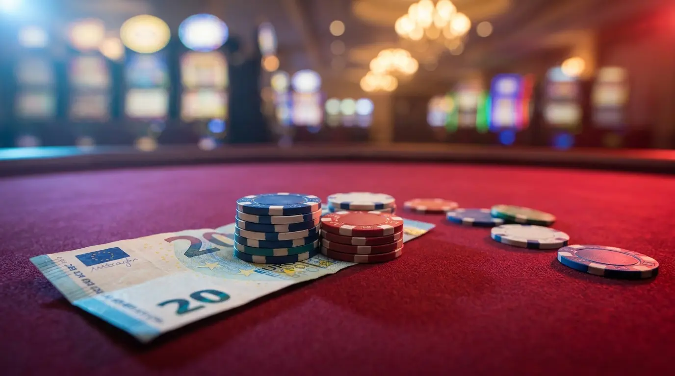 Billets et jetons de casino sur feutre rouge avec éclairage ambiant