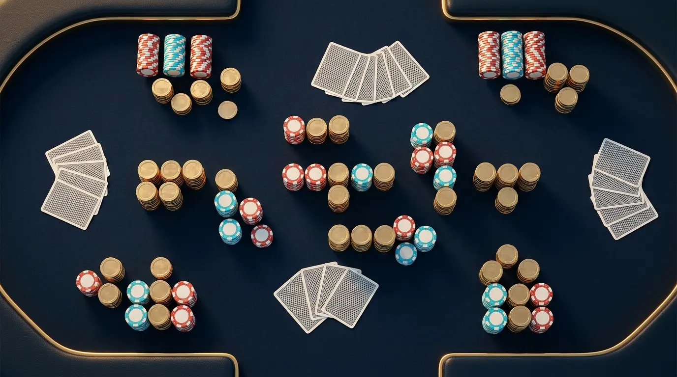Vue aérienne de jetons et pièces dorées sur table de casino