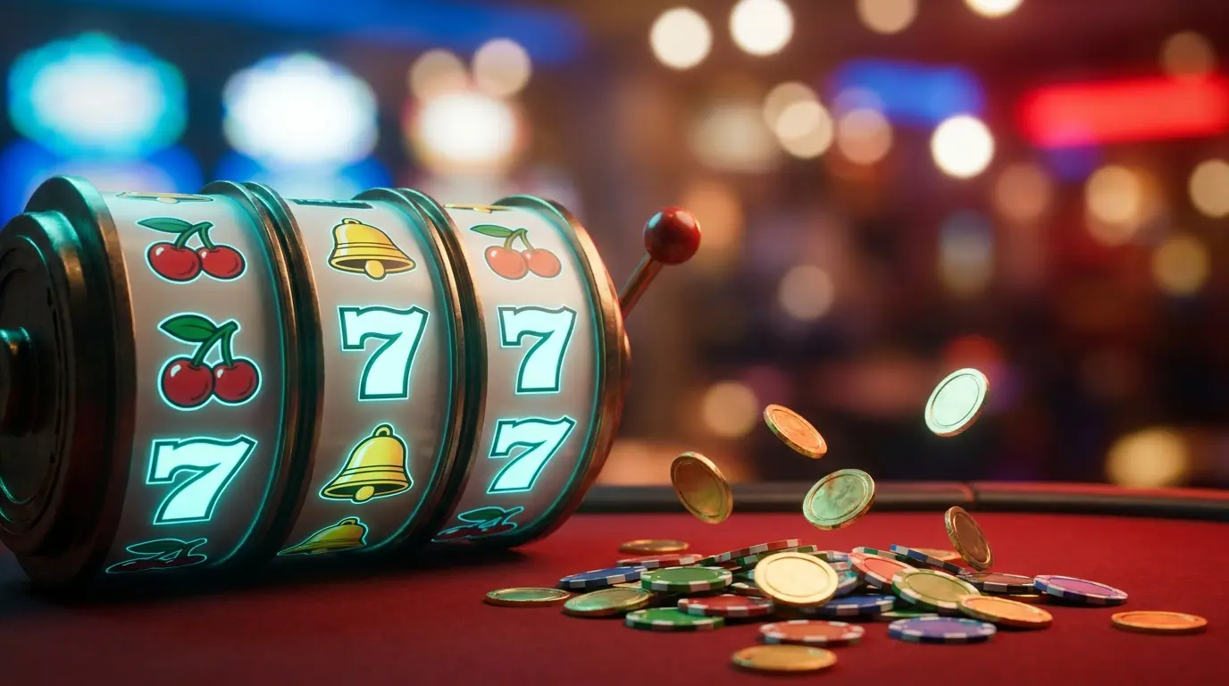 Machine à sous avec jetons de casino et pièces dorées