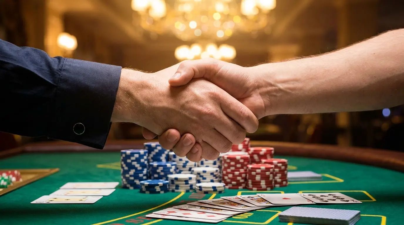 Poignée de main symbolisant le parrainage au-dessus d'une table de casino