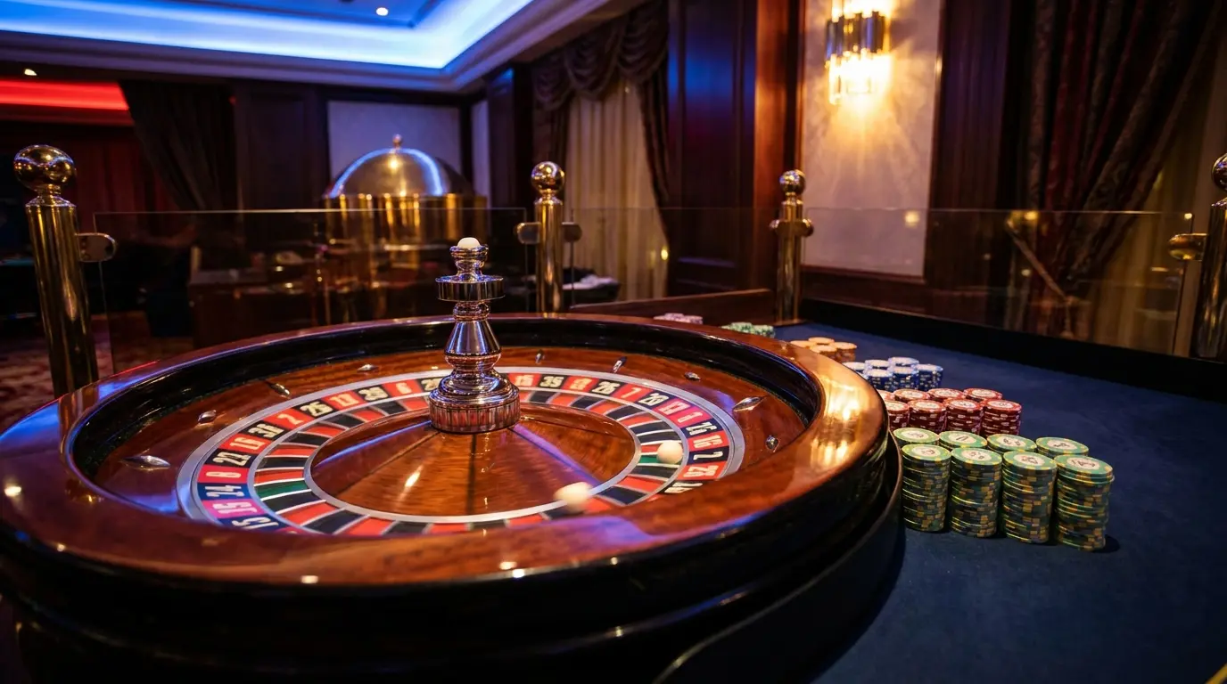 Roulette de casino avec jetons sur tapis de jeu bleu