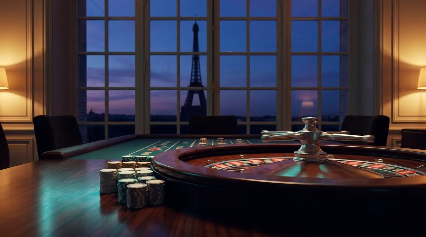 Roulette de casino avec vue sur Paris au crépuscule