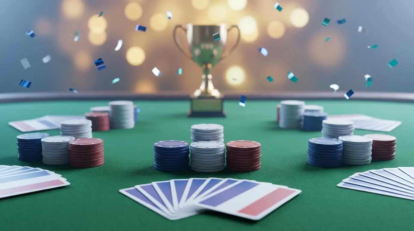 Jetons de casino et cartes sur tapis vert avec trophée