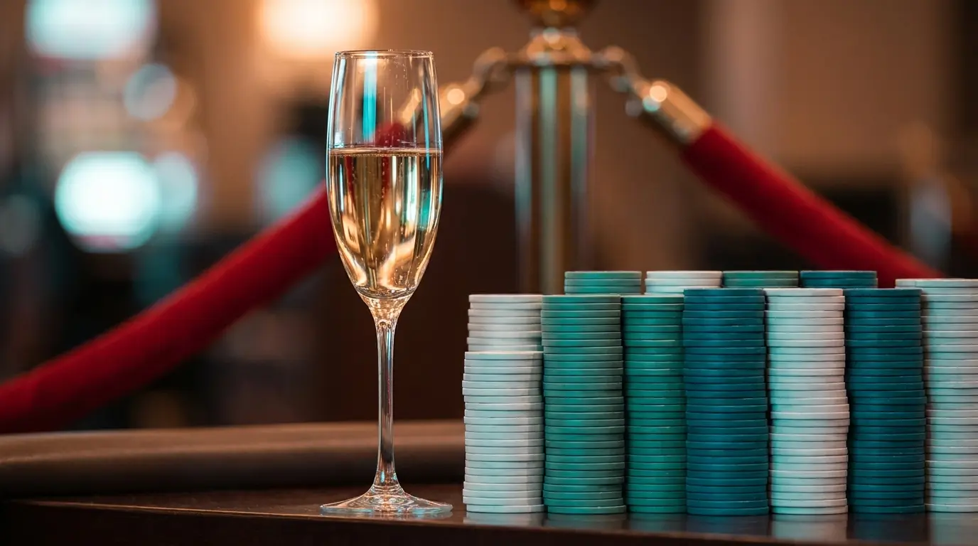 Champagne et jetons de casino premium dans une ambiance VIP