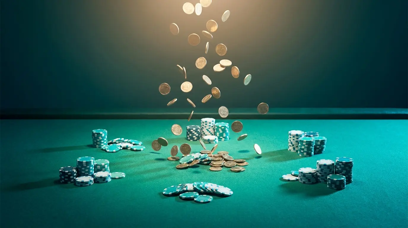 Pièces d'or tombant sur table de casino avec jetons