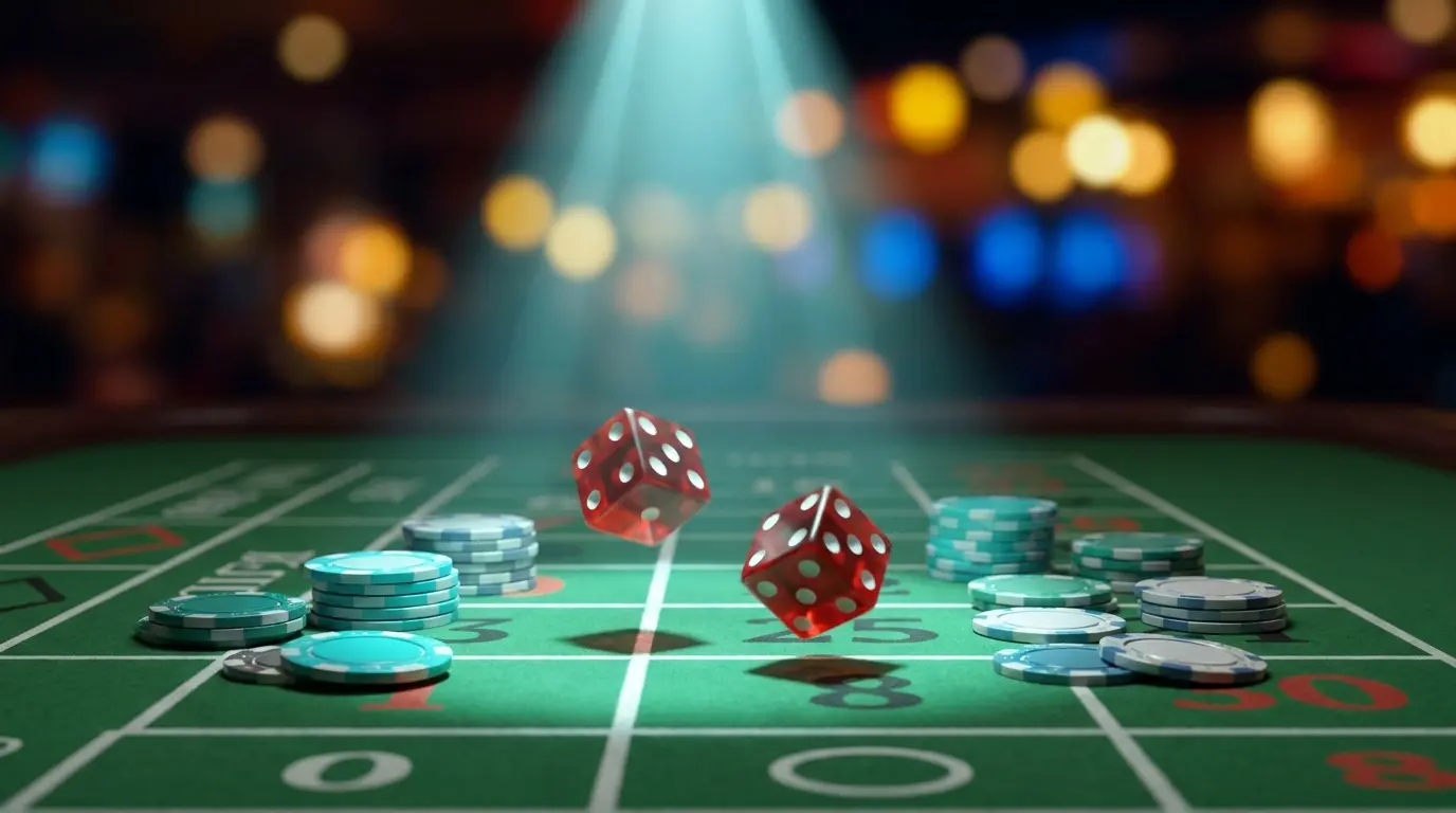 Dés rouges sur table de craps avec jetons de casino